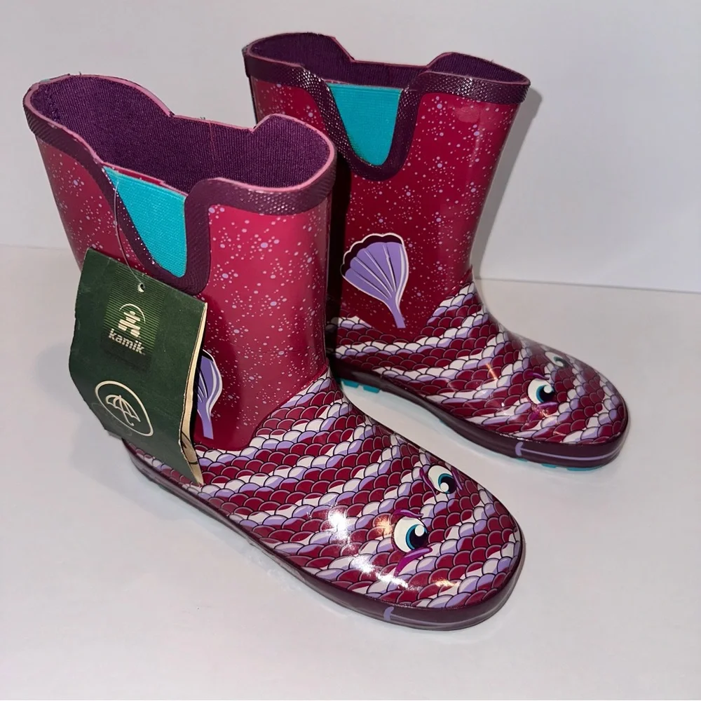 Kamik Girl’s 3 Purple Pink Bubblez Fish Pull On Reflective Waterproof Rainboots